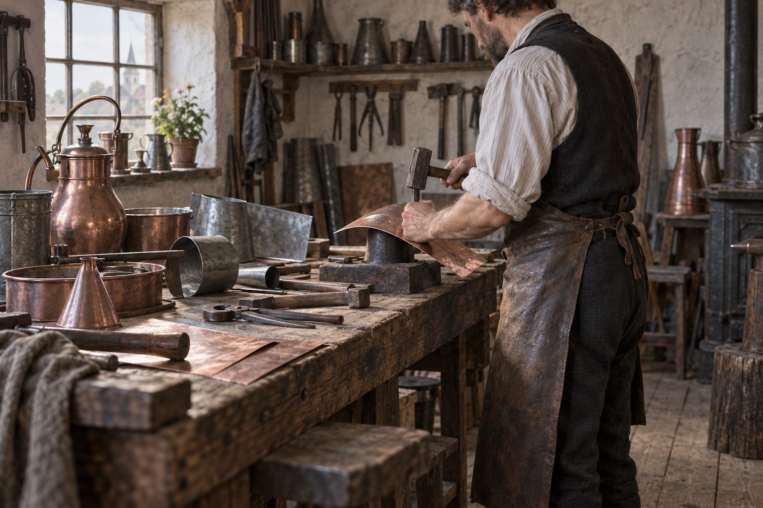 Künstlerische Rekonstruktion einer historischen Spenglerwerkstatt mit Kupferblech und Handwerkzeug.
