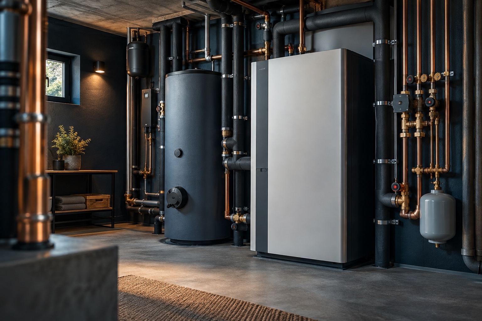 Modern angeordnete Haustechnik mit Wärmepumpe, Speicher und sichtbaren Kupferleitungen.