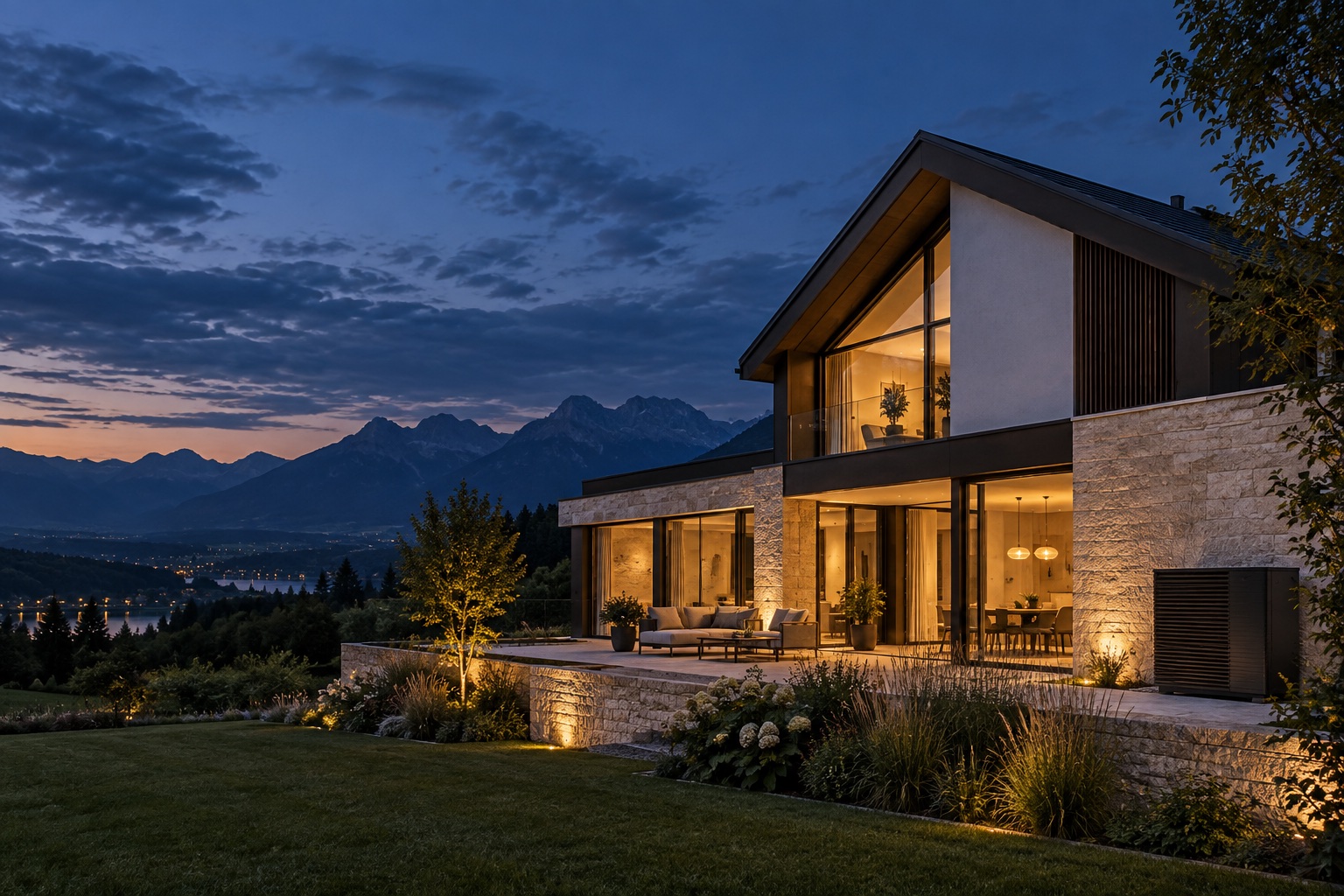 Architekturvisualisierung eines modernen Wohnhauses mit Wärmepumpe.